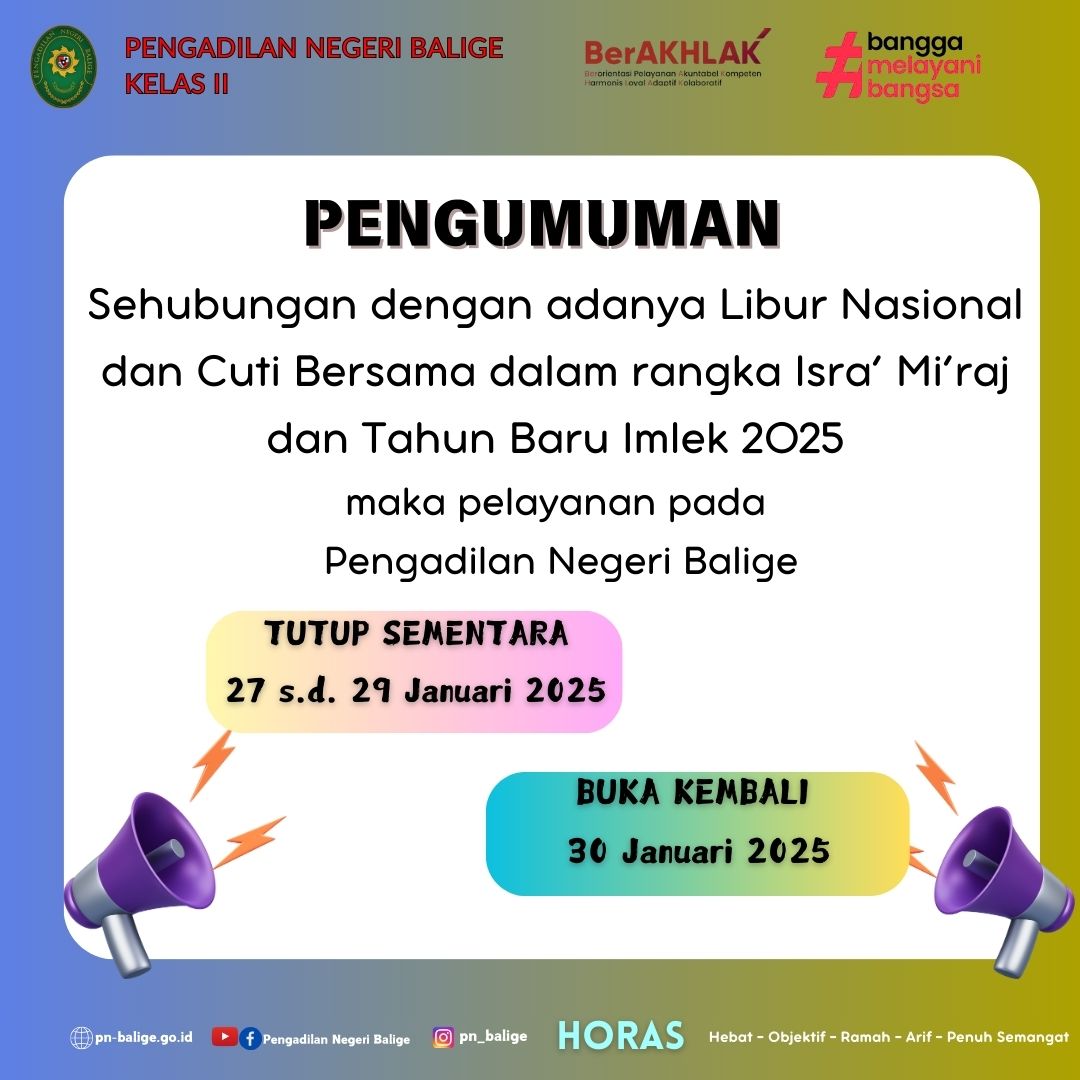 Pengumuman Libur Nasional dan Cuti Bersama dalam rangka Isra’ Mi’raj dan Tahun Baru Imlek 2025